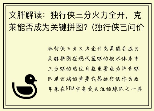 文胖解读：独行侠三分火力全开，克莱能否成为关键拼图？(独行侠已问价拉文)